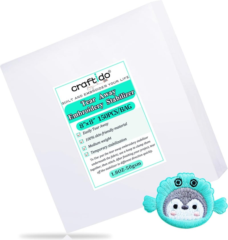 craftido 8"x8" 150 Sheets Tear Away Embroidery Stabilizer Backing for 4x4 and 6x6 Hoops 1.8oz Medium Weight for Machine Embroidery and Hand Sewing - Image 1